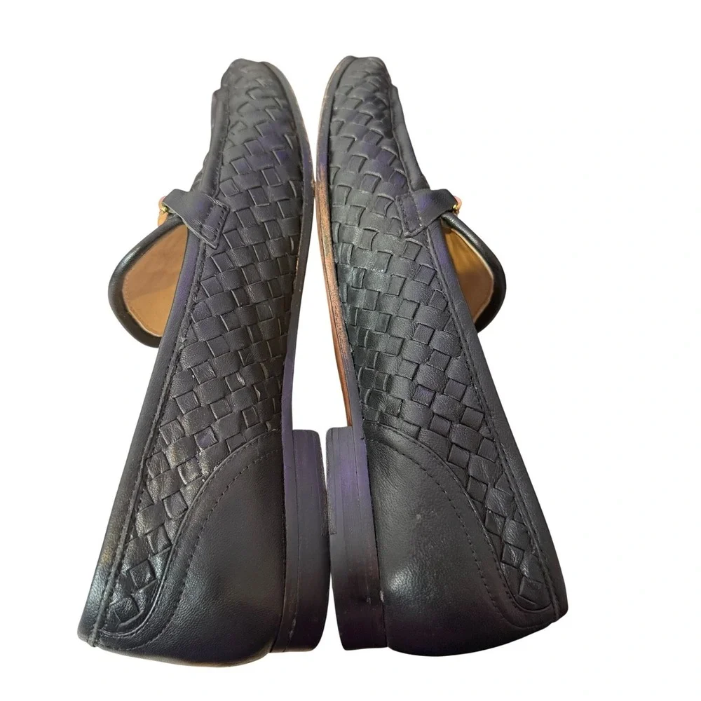 J. McLaughin Woven Leather Gold Horsebit Loafers Womens 6.5 Black Slip On Shoes